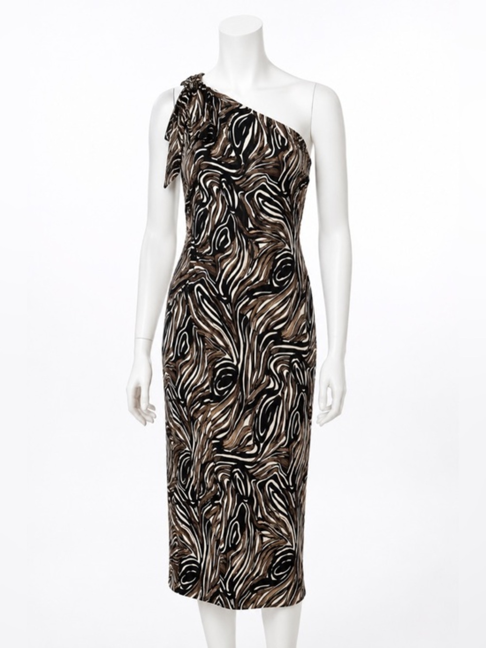 Tuleh 100% Silk One Shoulder Column Cocktail Dress Brown Abstract Print Womens 6